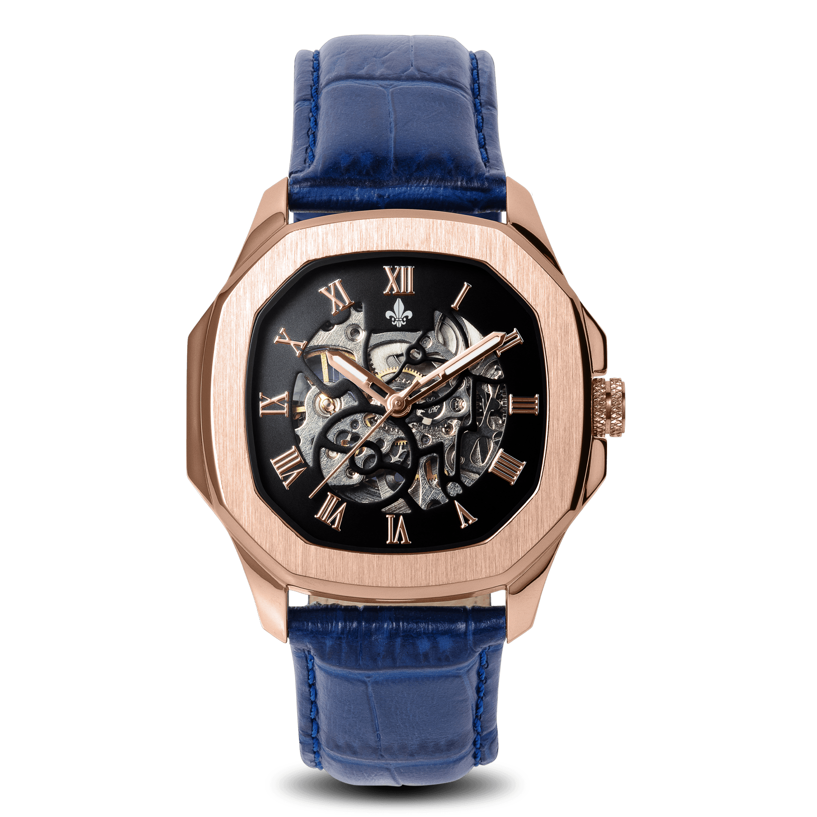 The Avalon Rose Gold + Blue Leather Croc Pattern Strap