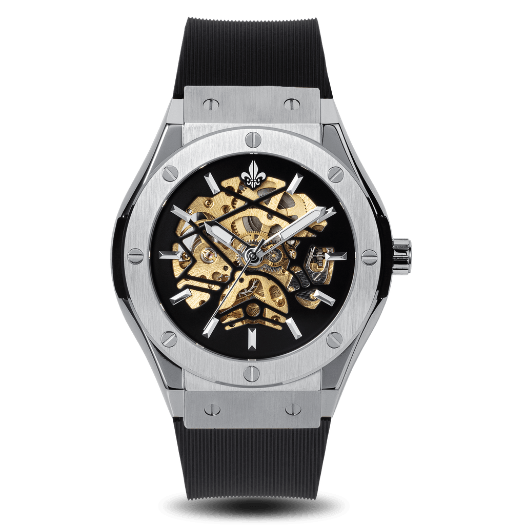 Prague Skeleton Automatic Deluxe - Silver + Green Leather Strap