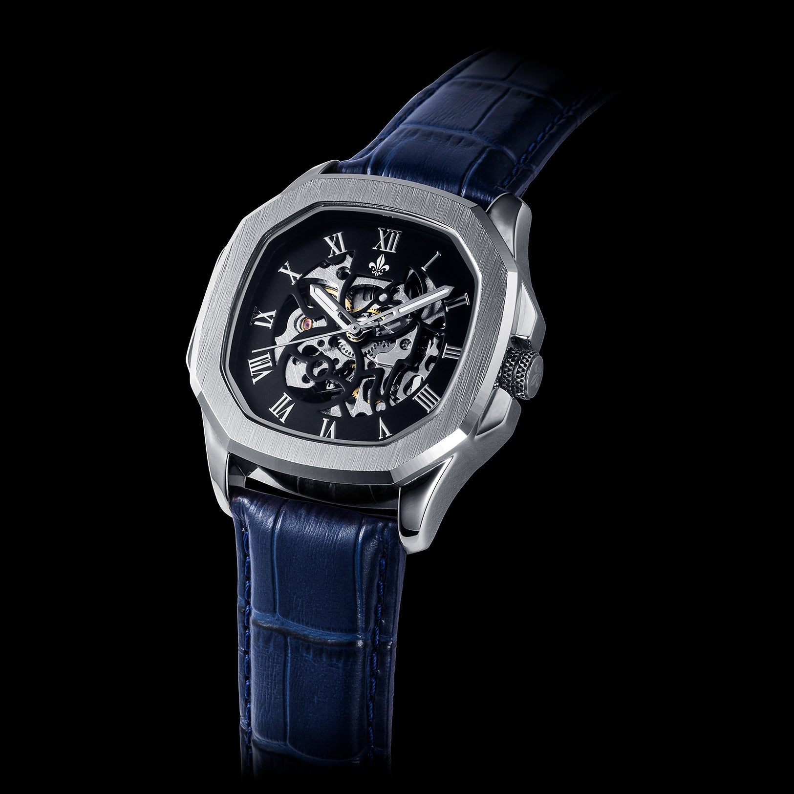 Blue Croc Pattern Leather Strap With Silver Buckle